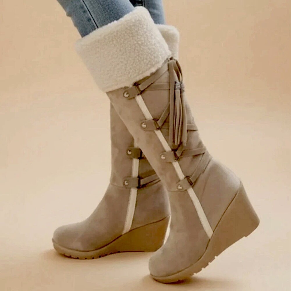 Womens Sherpa Cuff Wedge Boot Tan Lace Up Tassel Size 6.5 Boho New (ST)